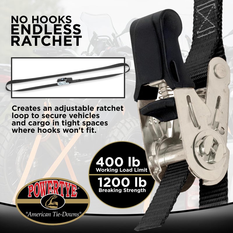 PowerTye - Endless Ratchet Strap - 1in x 4ft Easy Grip (Hookless), Tie Down Strap w/ 400 lb. Working Load Limit / 1,200 lb. Break Strength, Ideal for Motorcycle, ATV, Bike, & Coolers, Black 2-Pack - Image 2